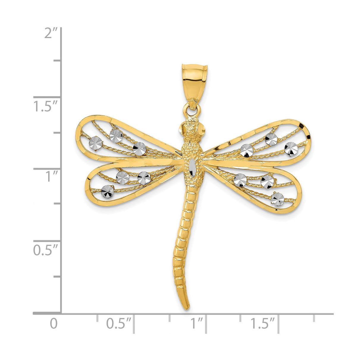 14k Yellow Gold and Rhodium Dragonfly Pendant with Filigree Wings and Diamond Cut Accents
