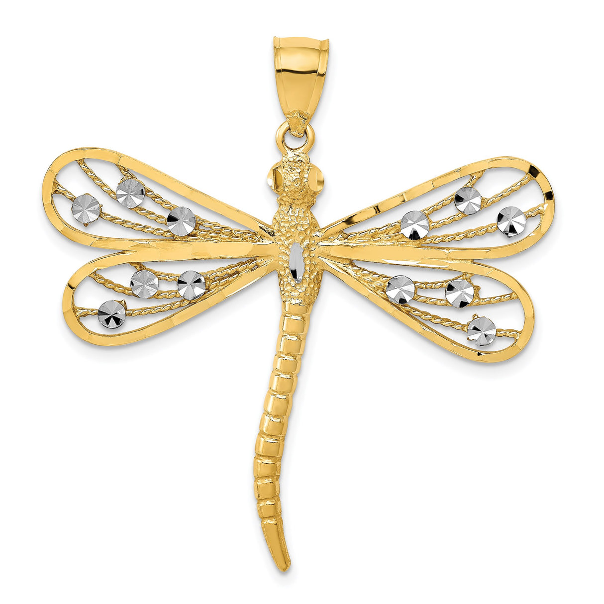 14k Yellow Gold and Rhodium Dragonfly Pendant with Filigree Wings and Diamond Cut Accents