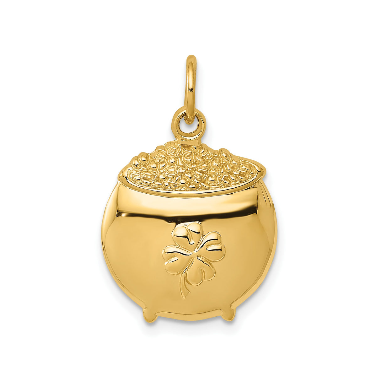 14k Yellow Gold Pot Pendant with Raised Four-Leaf Clover, Celtic Luck Charm