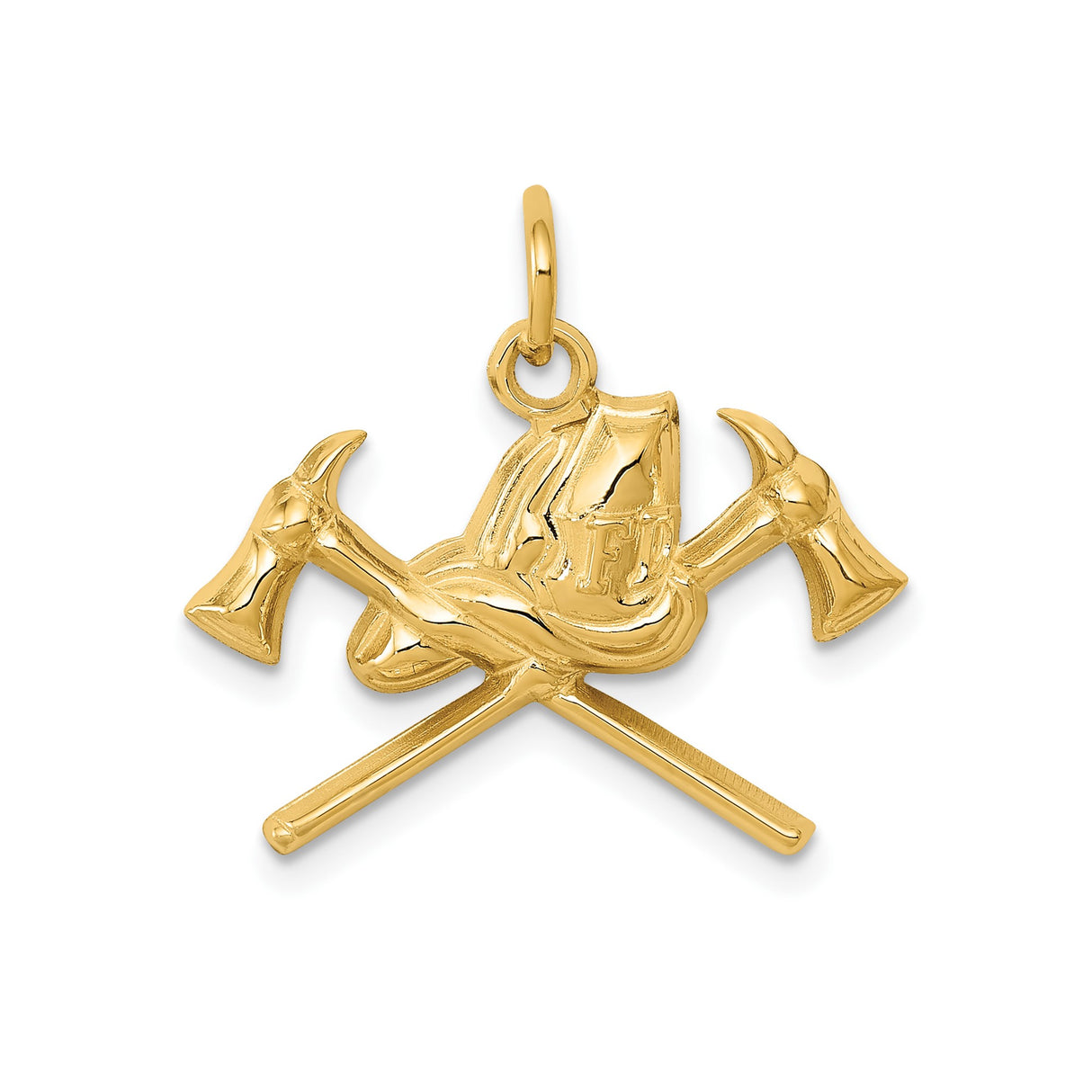 14k Yellow Gold Firefighter Helmet Pendant with Crossed Axes FD Engraving