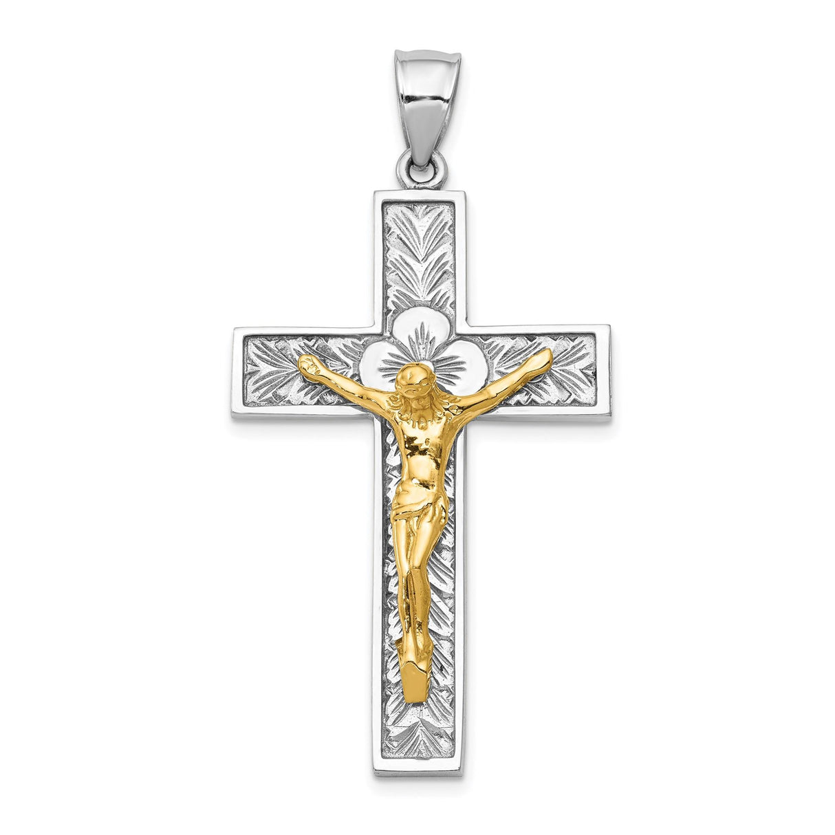 14k Two-Tone Gold Crucifix Pendant with Detailed Latin Cross Design for Men and Women