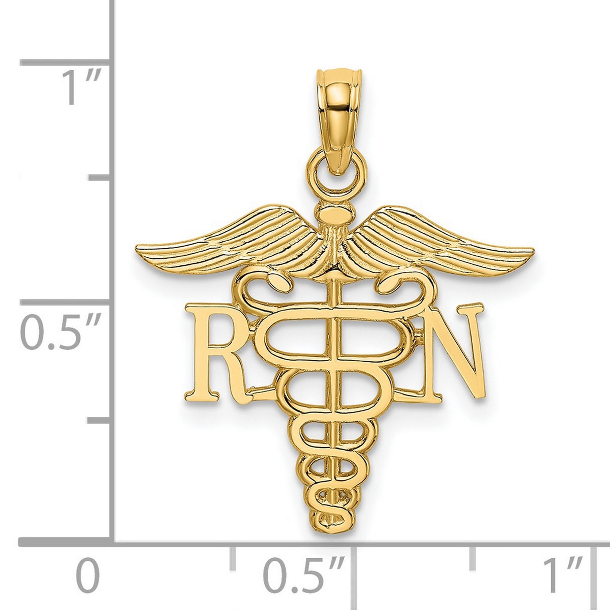 14k Yellow Gold RN Pendant with Caduceus Symbol, Medical Charm for Nurses