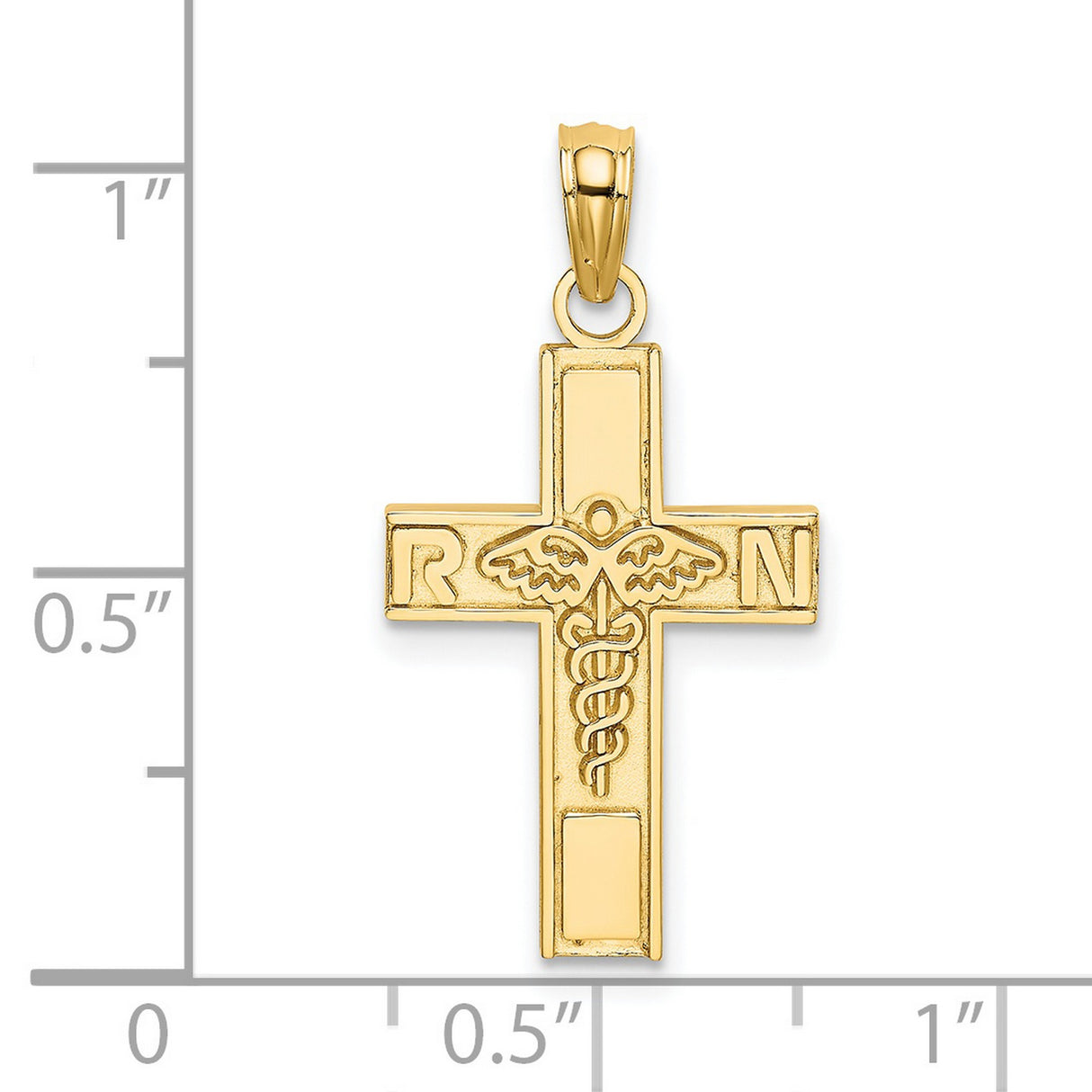 RN Letters And Caduceus Symbol On Latin Cross Charm Pendant in Real 14k Yellow Gold
