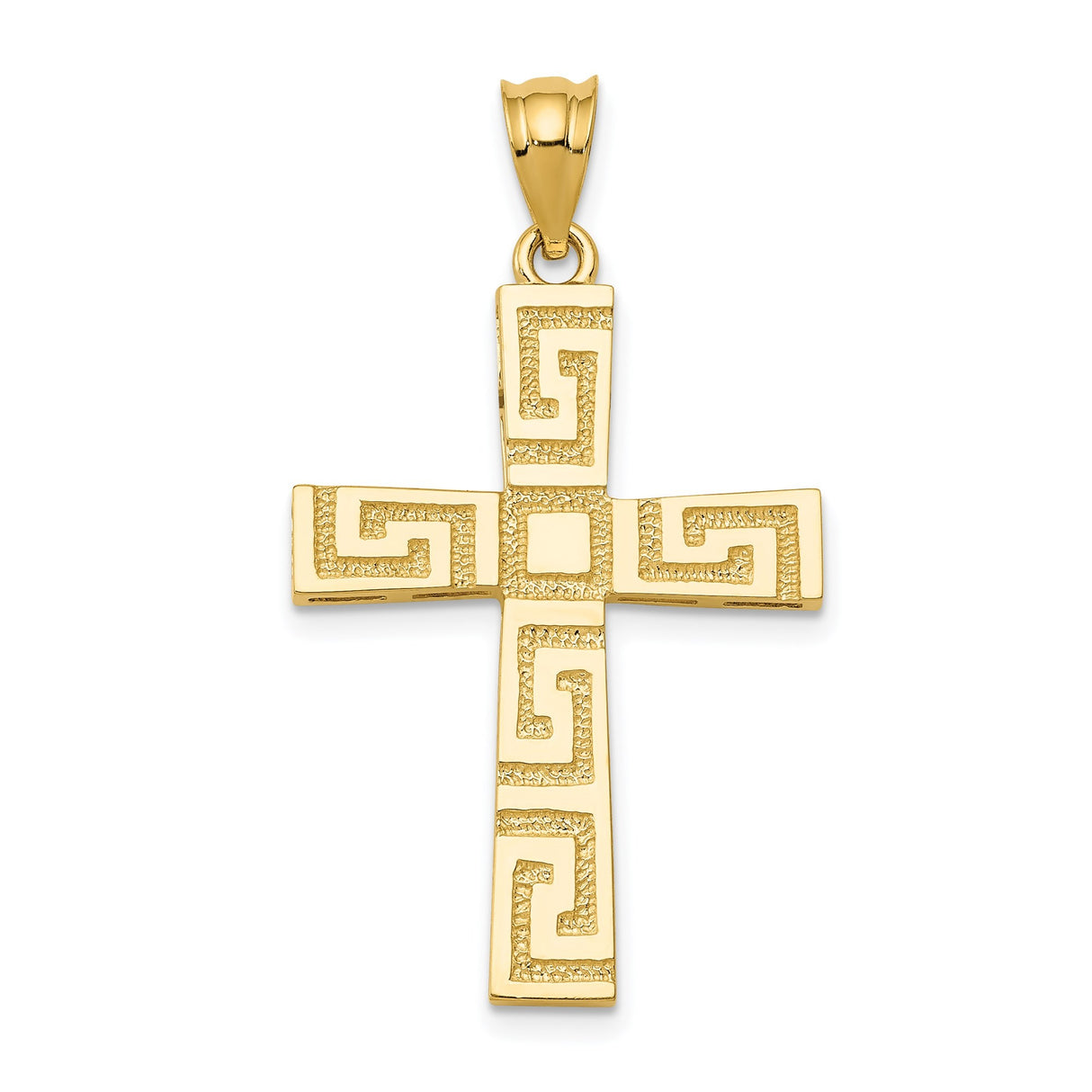 14k Yellow Gold Cross Pendant with Greek Key Design and Polished Textured Finish