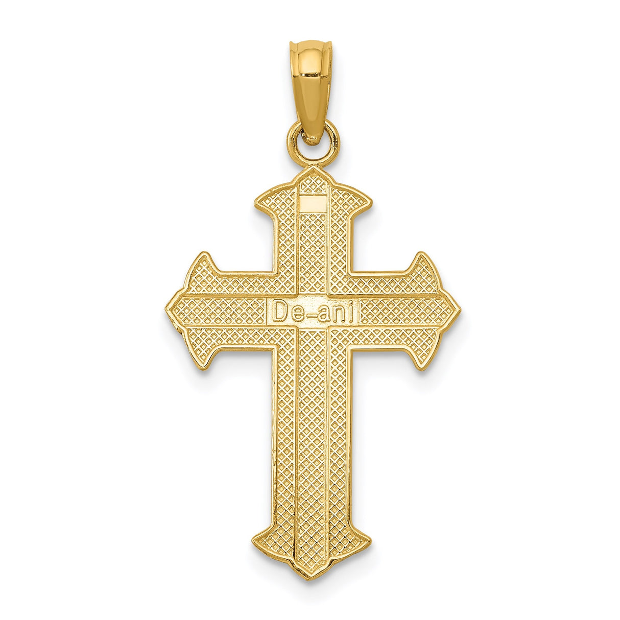 14k Yellow Gold Cross Pendant with Polished Finish, Raised Design, Shield Tips, Beveled Edges