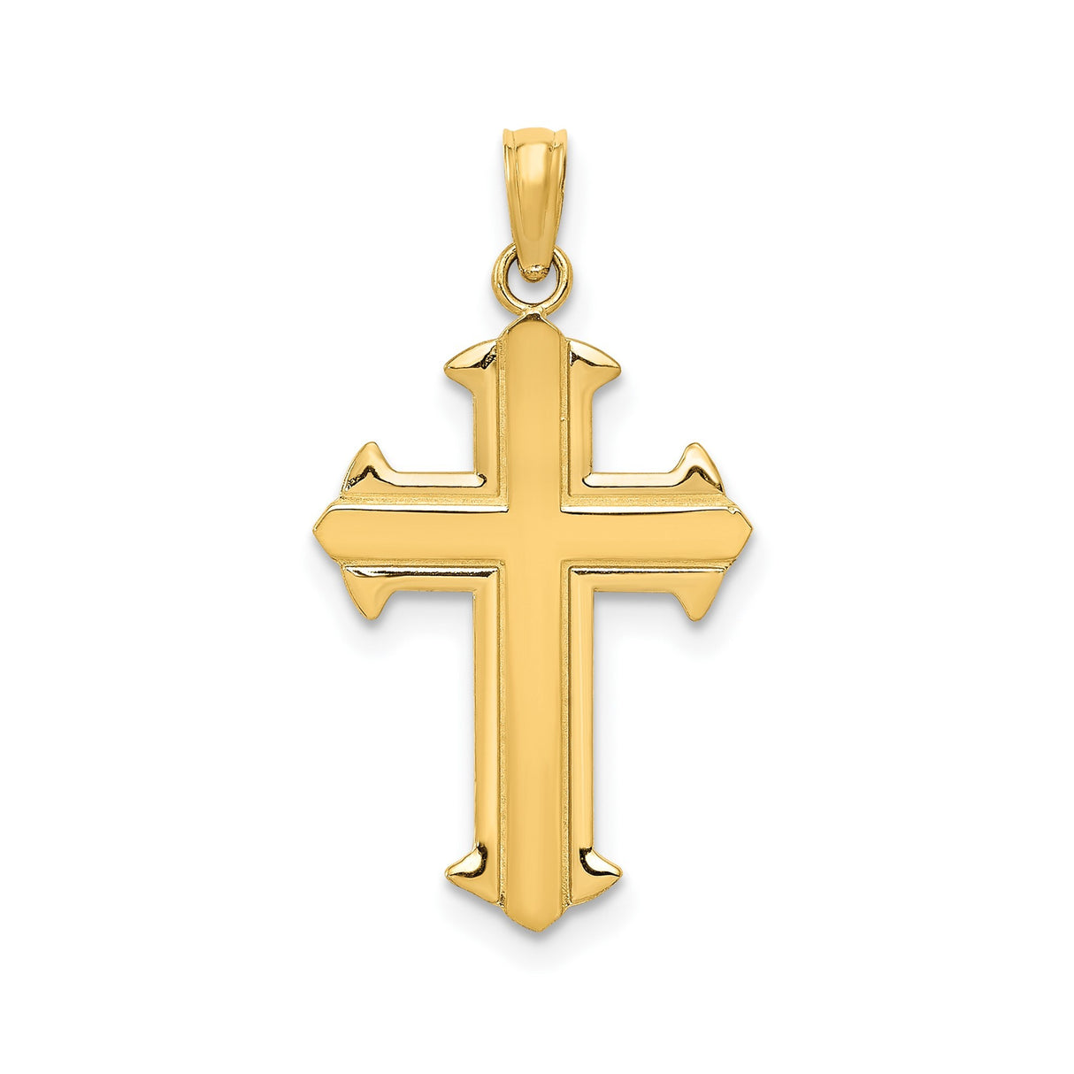 14k Yellow Gold Cross Pendant with Polished Finish, Raised Design, Shield Tips, Beveled Edges