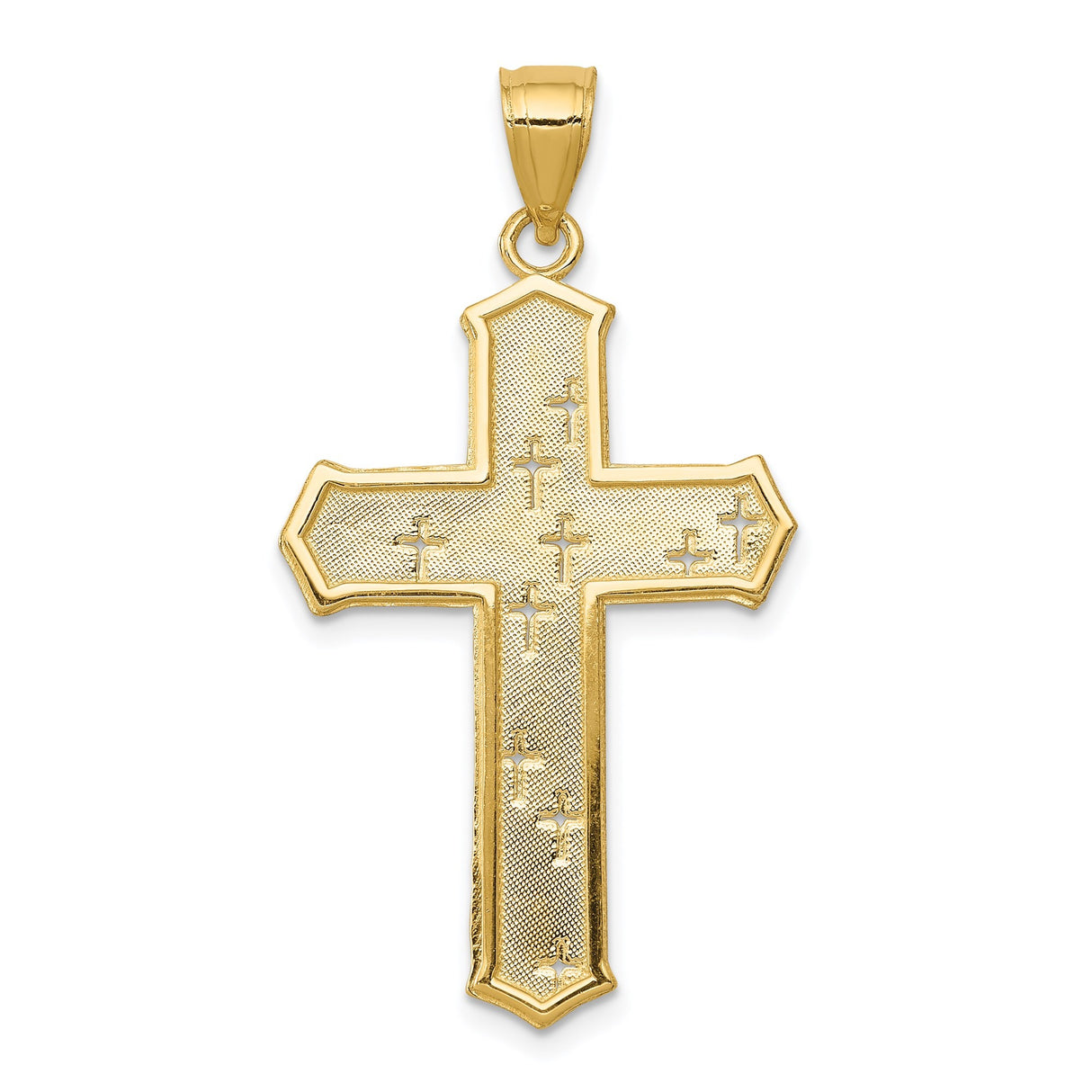 14k Yellow Gold Cross Pendant with Beveled Edge and Sandblasted Flared Design for Men and Women