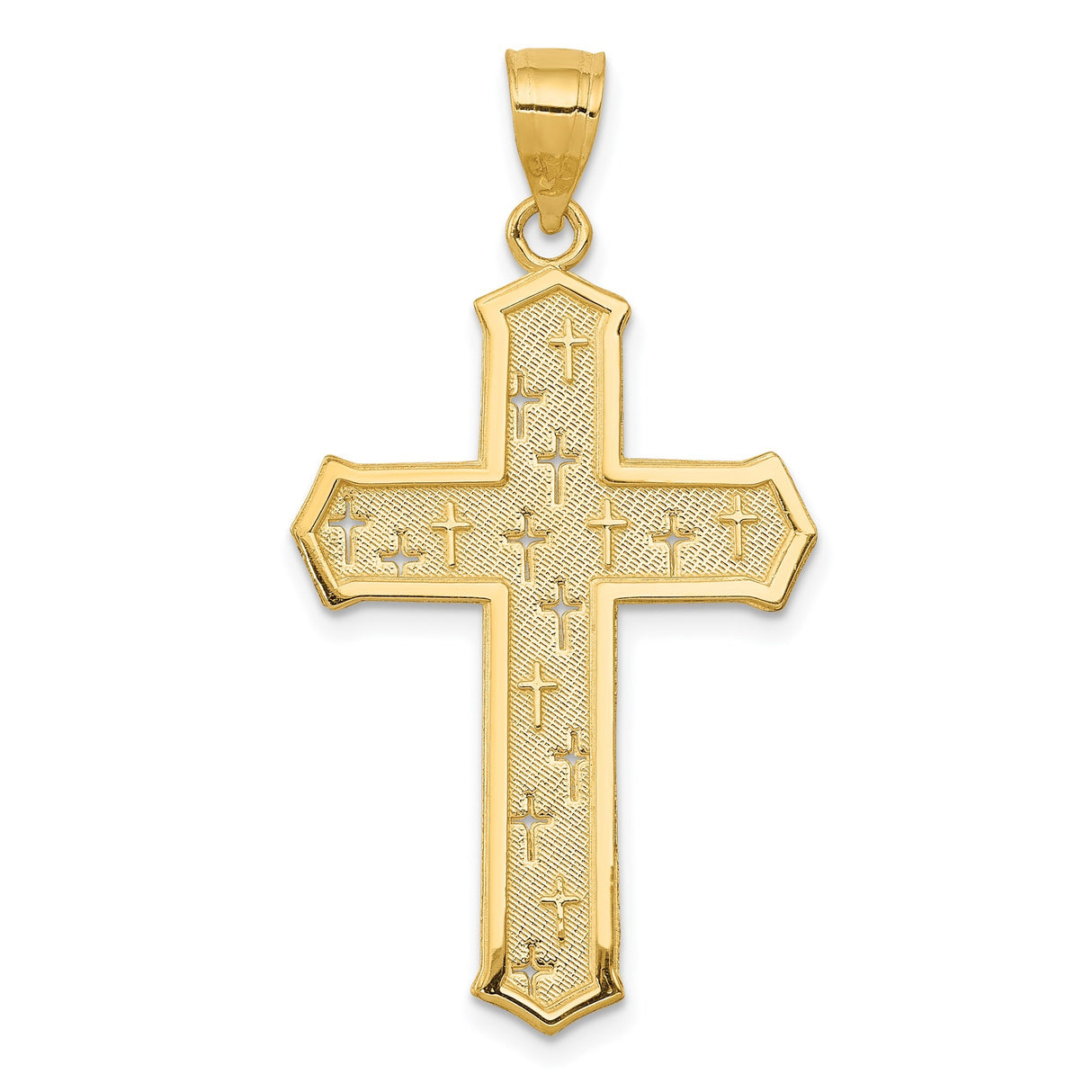 14k Yellow Gold Cross Pendant with Beveled Edge and Sandblasted Flared Design for Men and Women
