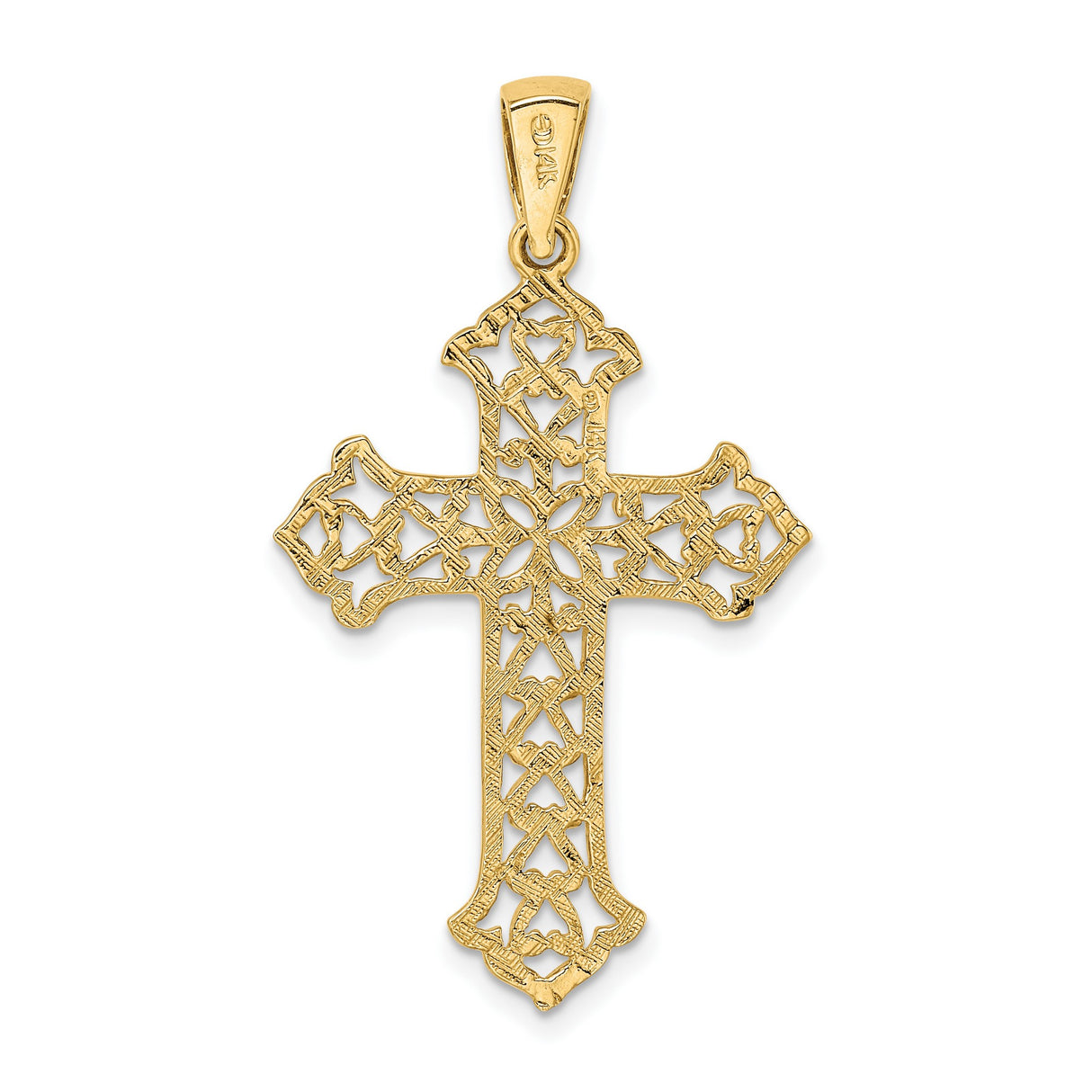 14k Yellow Gold Budded Cross Pendant with Open Scroll Motif and Floral Center