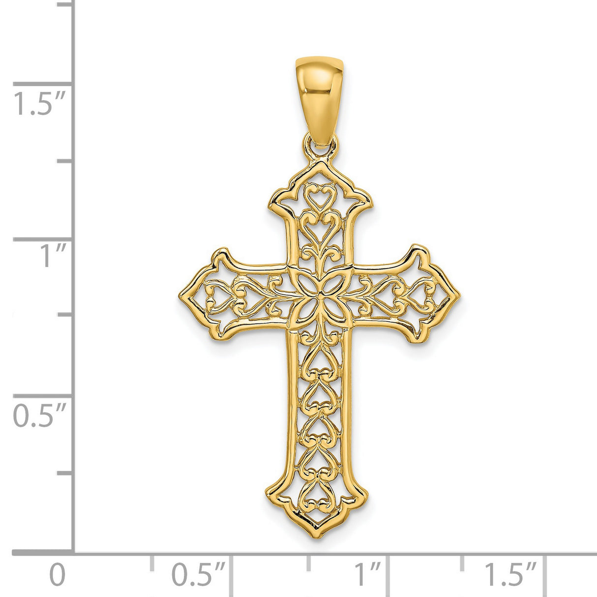 14k Yellow Gold Budded Cross Pendant with Open Scroll Motif and Floral Center
