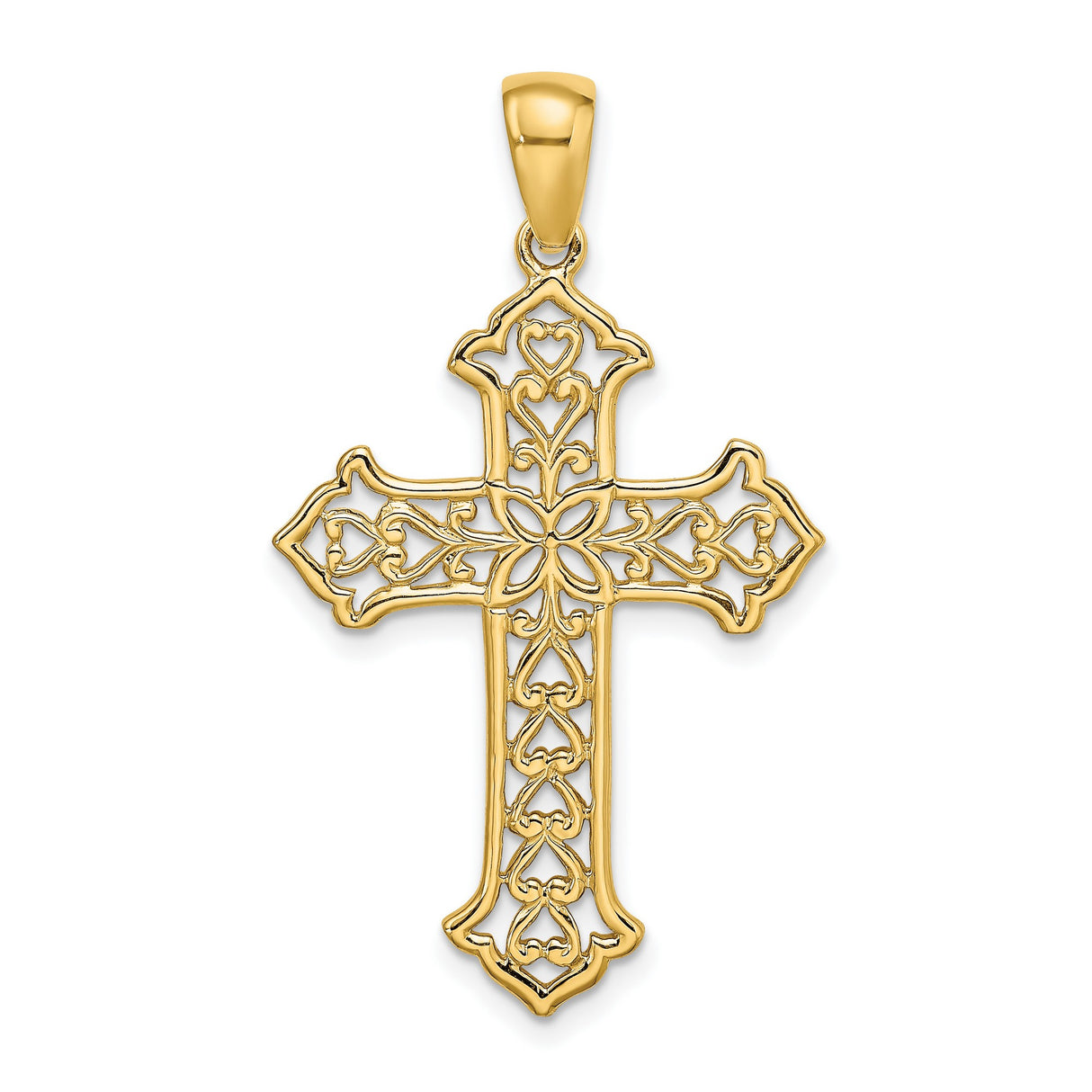 14k Yellow Gold Budded Cross Pendant with Open Scroll Motif and Floral Center
