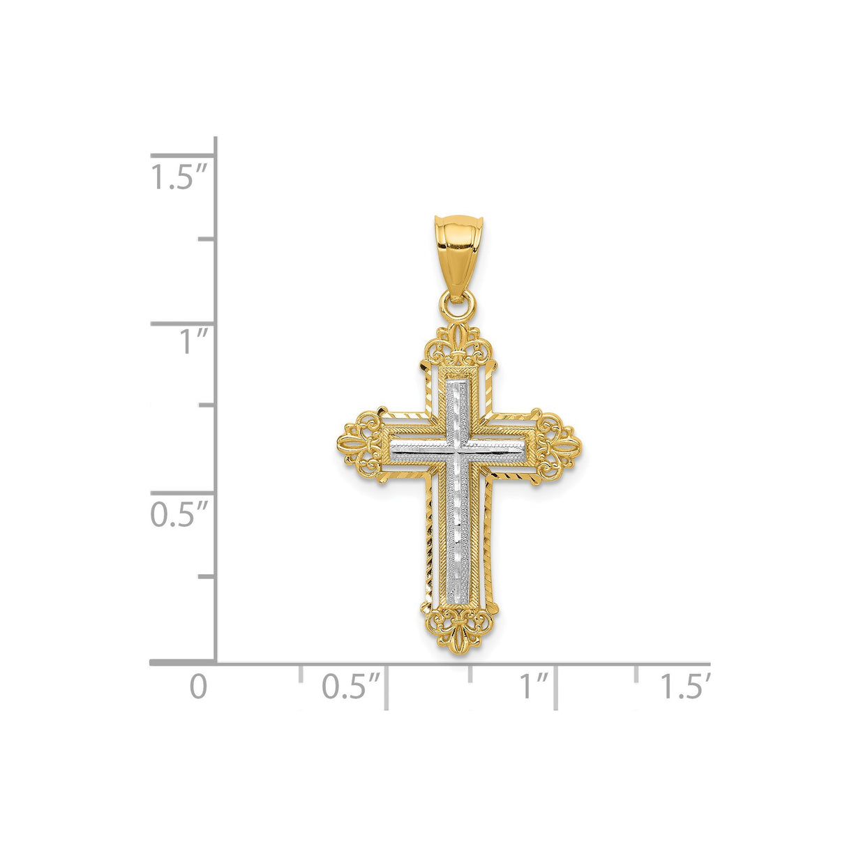 14k Two-Tone Gold Budded Latin Cross Pendant with Ornate Scroll Accents for Men and Women