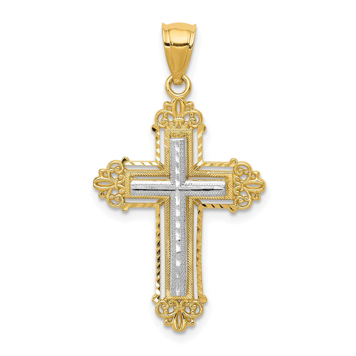 14k Two-Tone Gold Budded Latin Cross Pendant with Ornate Scroll Accents for Men and Women