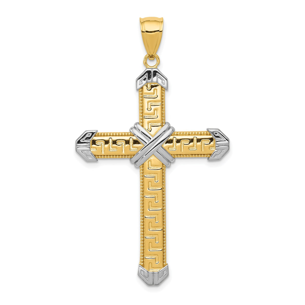 14k Multi-Tone Gold Latin Cross Pendant with Textured Rhodium Accents