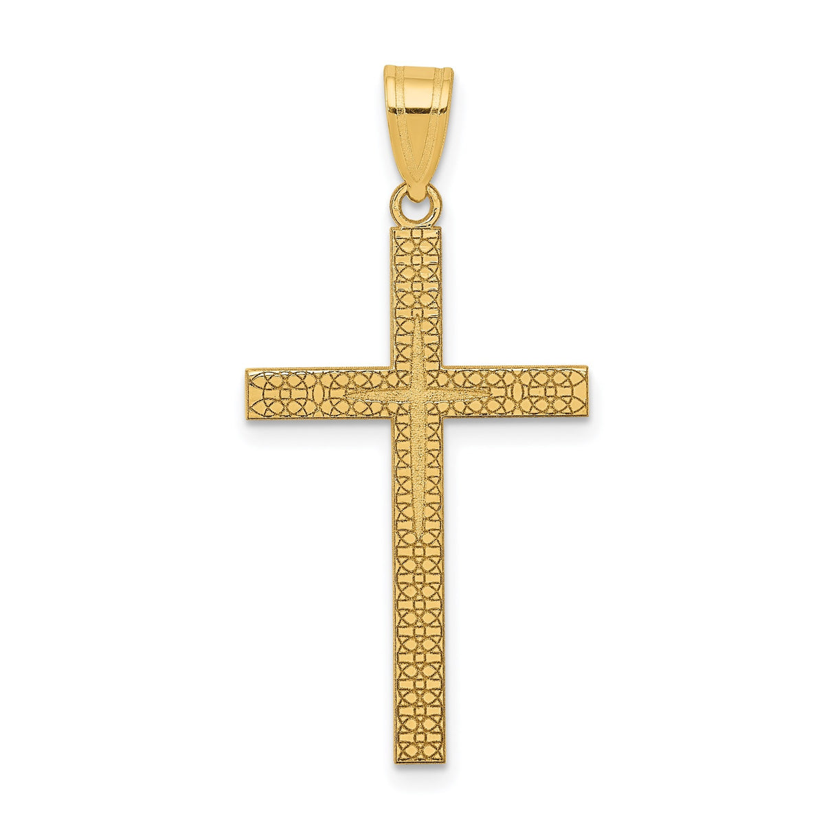 14k Yellow Gold Cross Pendant with Textured Diamond Cut Design and Flared Bail