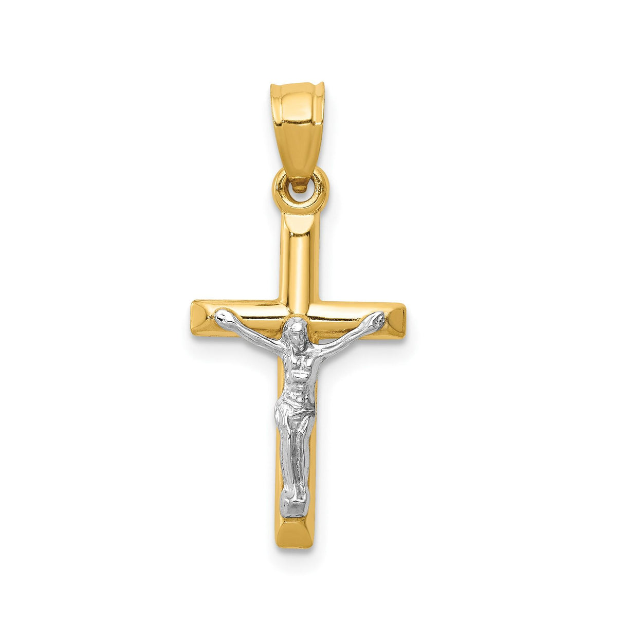 14k Two-Tone Gold Crucifix Cross Pendant, Polished Latin Cross Charm, Religious Style
