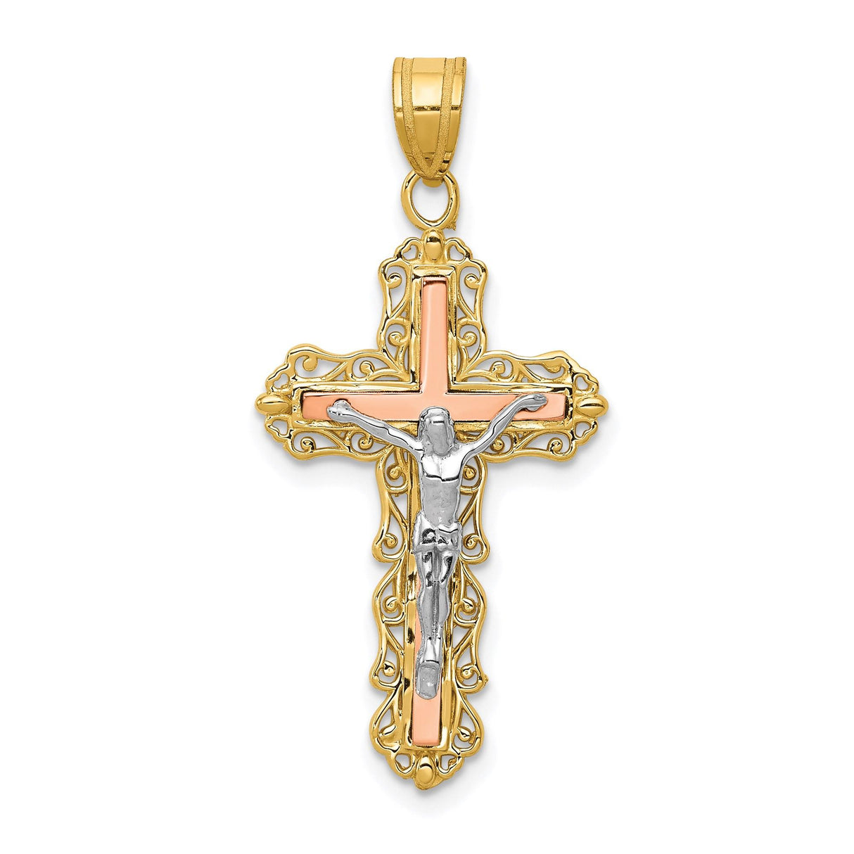 14k Tri-Color Gold Crucifix Pendant with Jesus Cross Design Religious Charm
