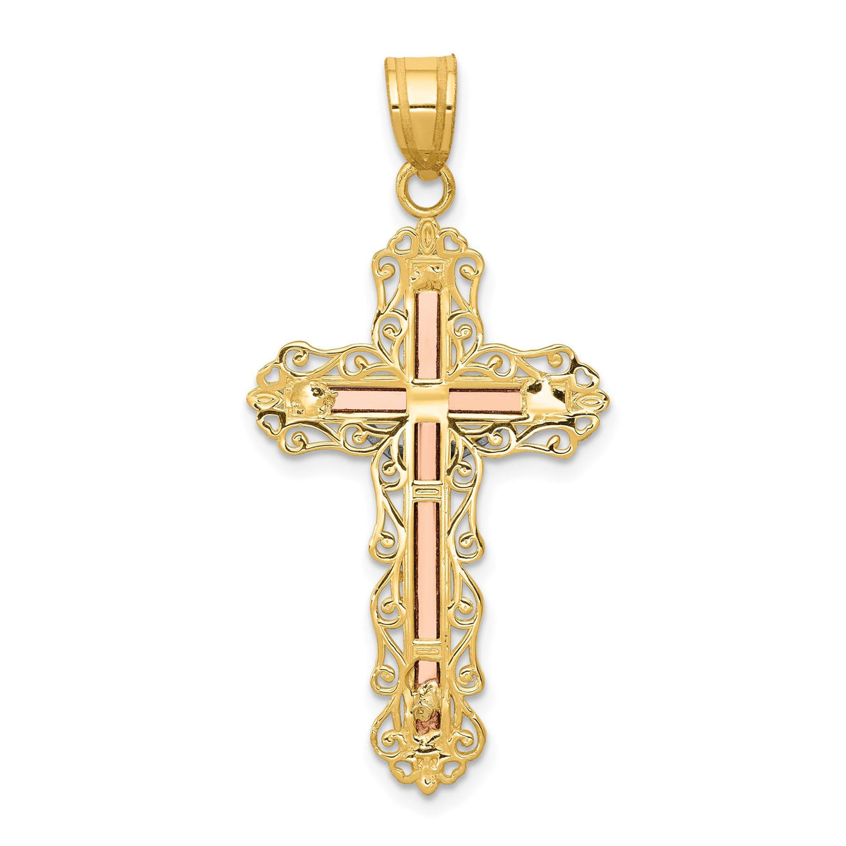 14k Tri Color Gold Crucifix Pendant with Filigree Baroque Design for Men and Women