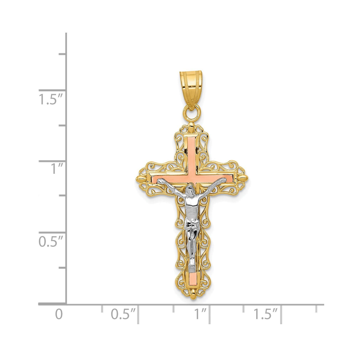 14k Tri Color Gold Crucifix Pendant with Filigree Baroque Design for Men and Women