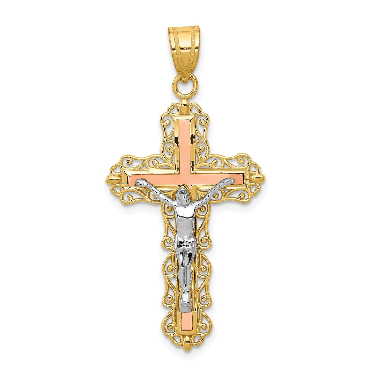 14k Tri Color Gold Crucifix Pendant with Filigree Baroque Design for Men and Women