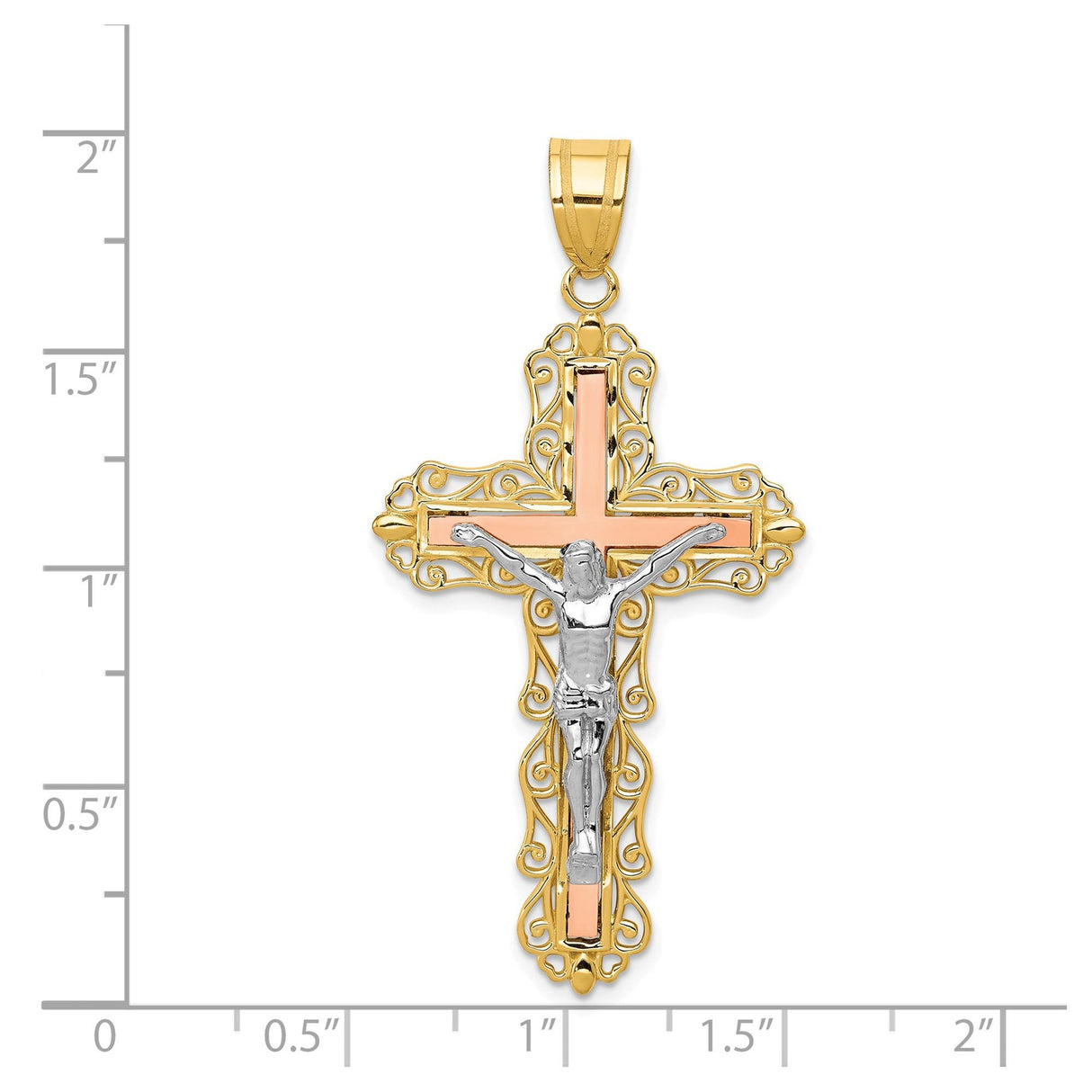 14k Tri-Tone Gold Crucifix Cross Pendant with Detailed Jesus Figure for Men and Women