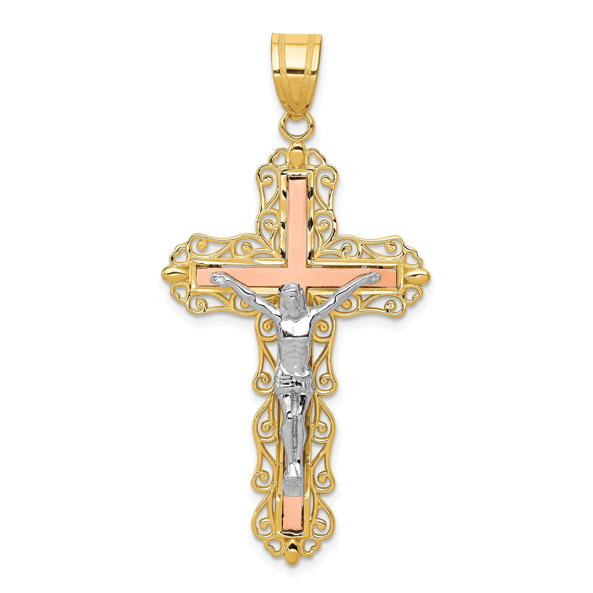 14k Tri-Tone Gold Crucifix Cross Pendant with Detailed Jesus Figure for Men and Women