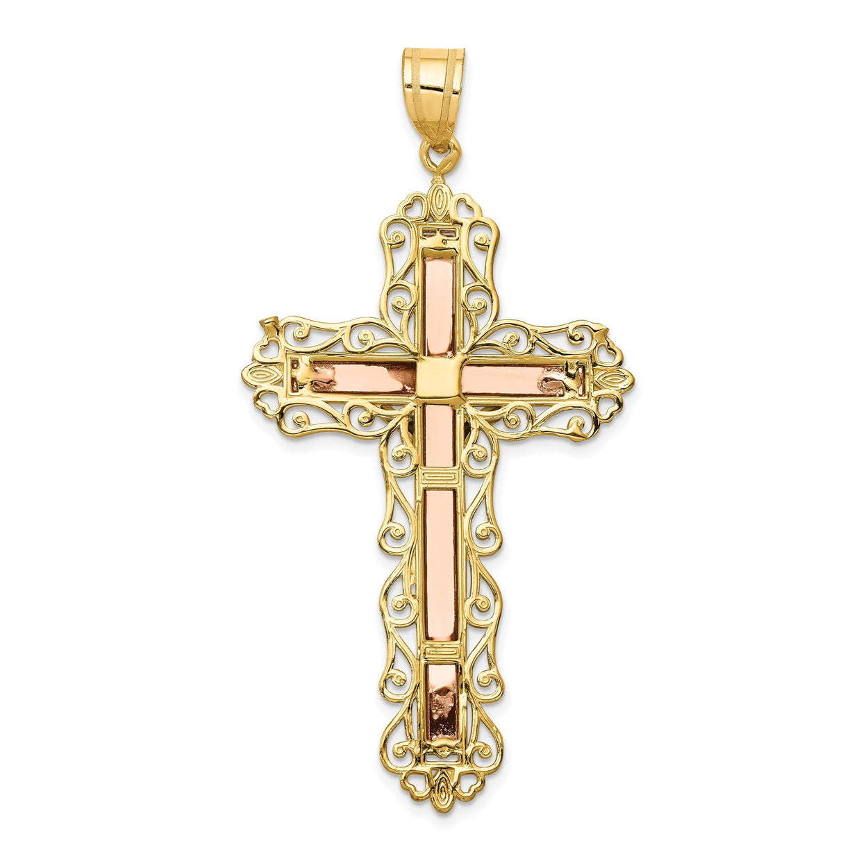 14k Multi-Tone Gold Crucifix Cross Pendant with Detailed Jesus Figure and Filigree Design
