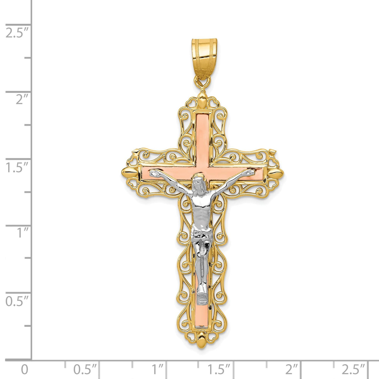 14k Multi-Tone Gold Crucifix Cross Pendant with Detailed Jesus Figure and Filigree Design