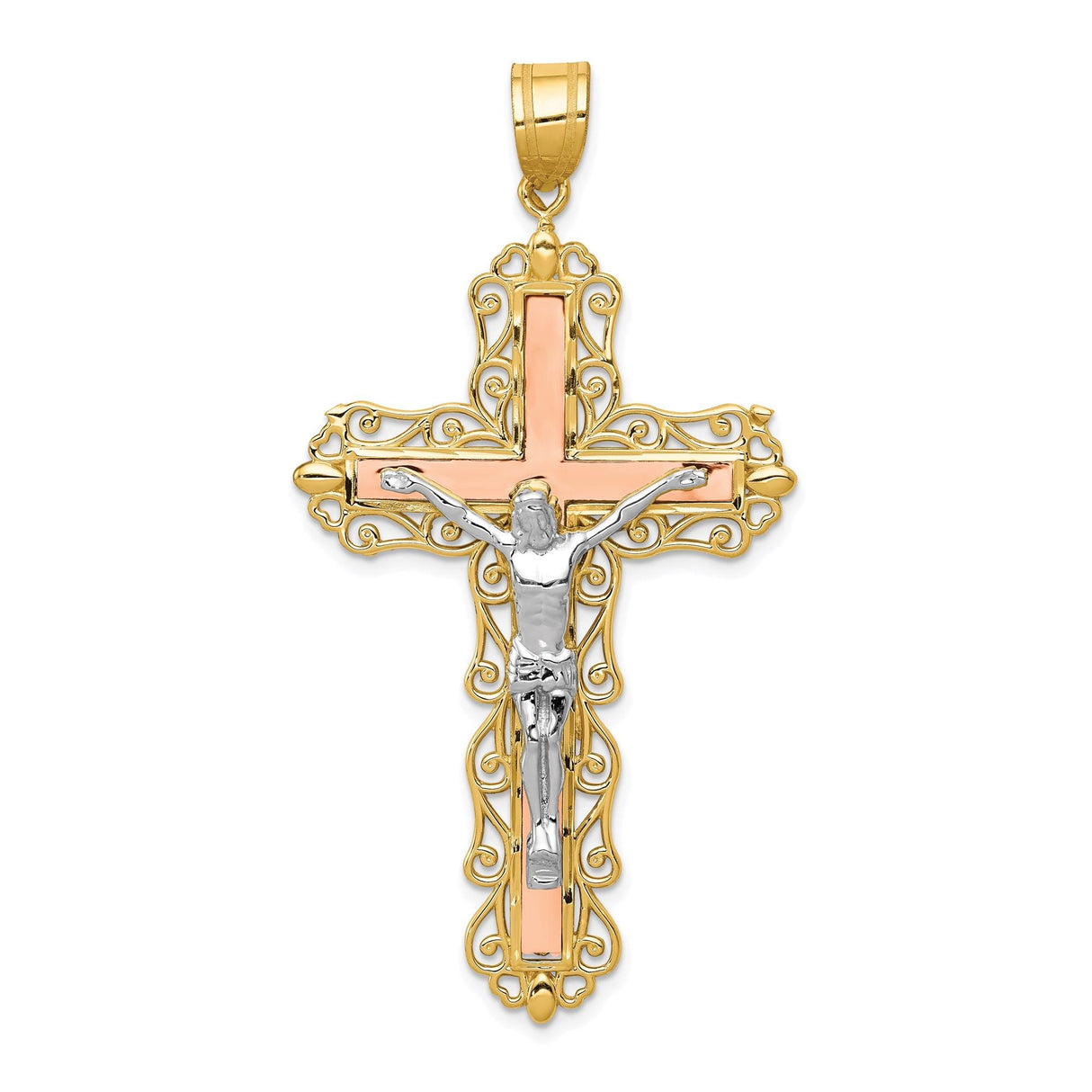 14k Multi-Tone Gold Crucifix Cross Pendant with Detailed Jesus Figure and Filigree Design