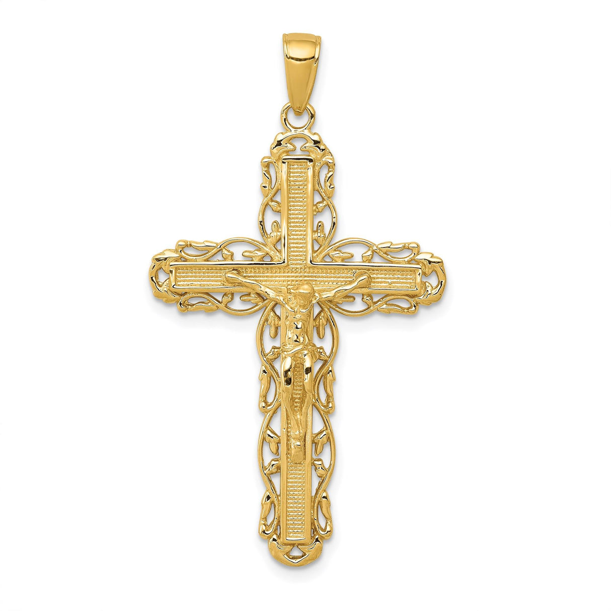 14k Yellow Gold Crucifix Pendant with INRI Cross and Fleur de Lis Design for Men and Women