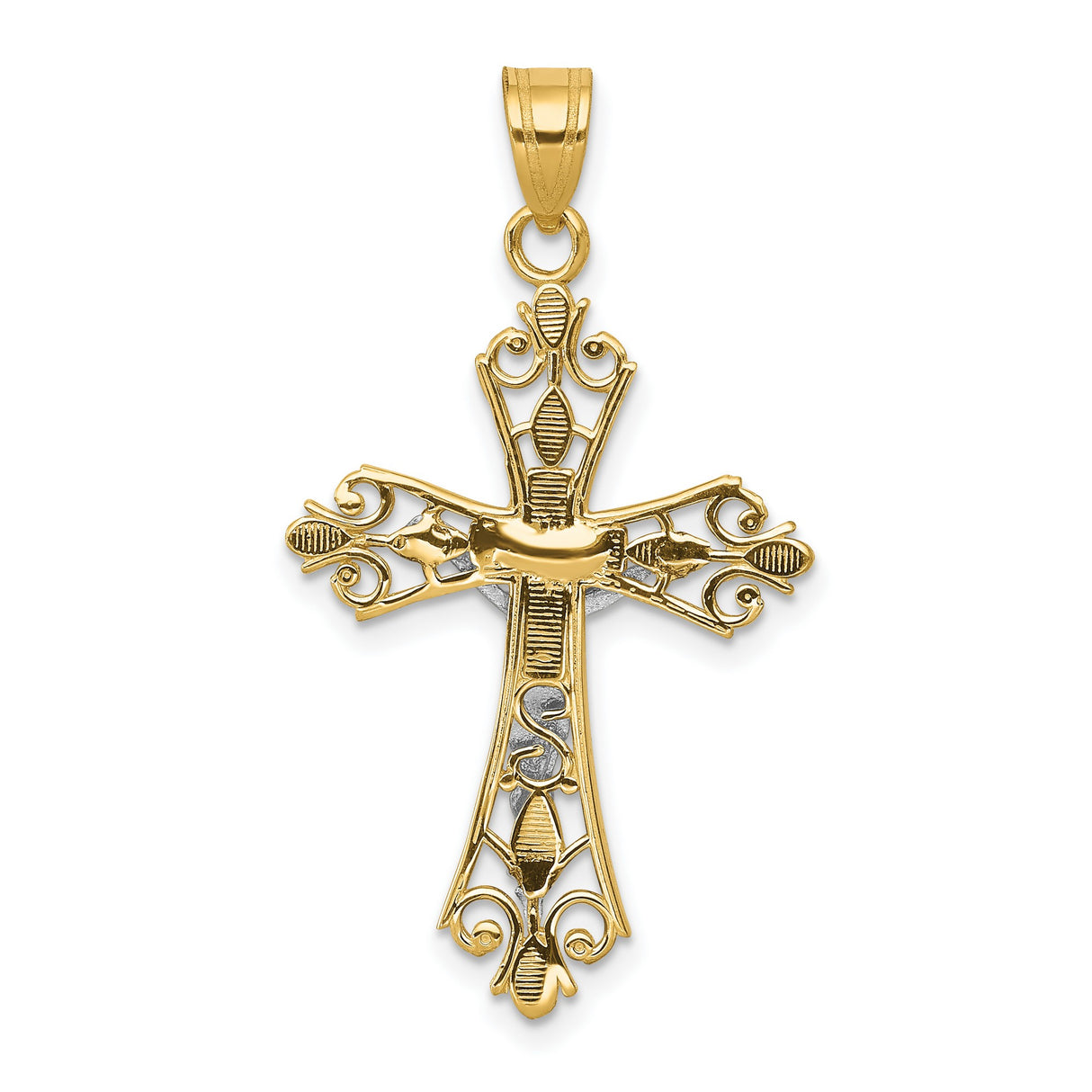 Fleur De Lis Crucifix Charm Pendant in Real 14k Multi-Tone Gold
