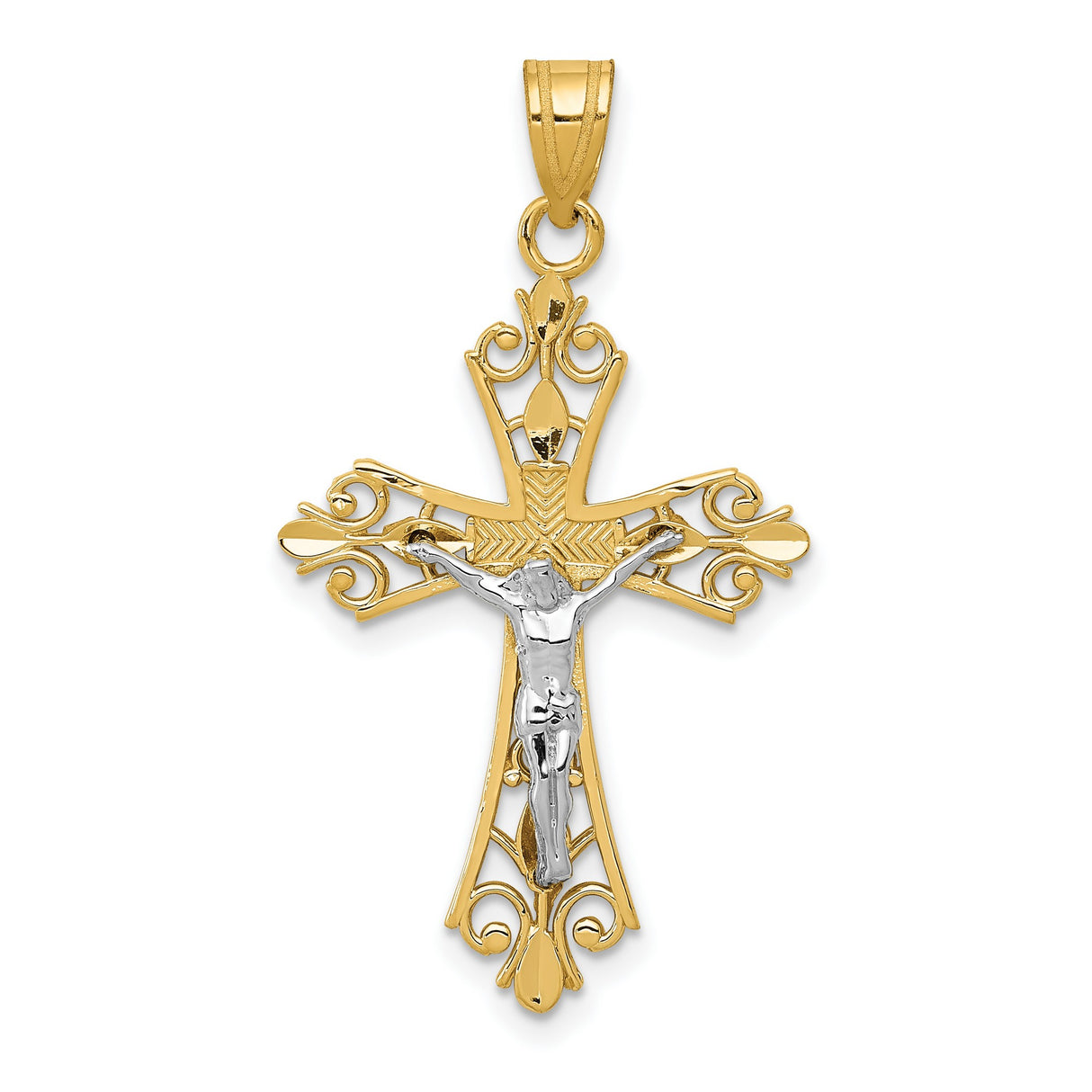 Fleur De Lis Crucifix Charm Pendant in Real 14k Multi-Tone Gold