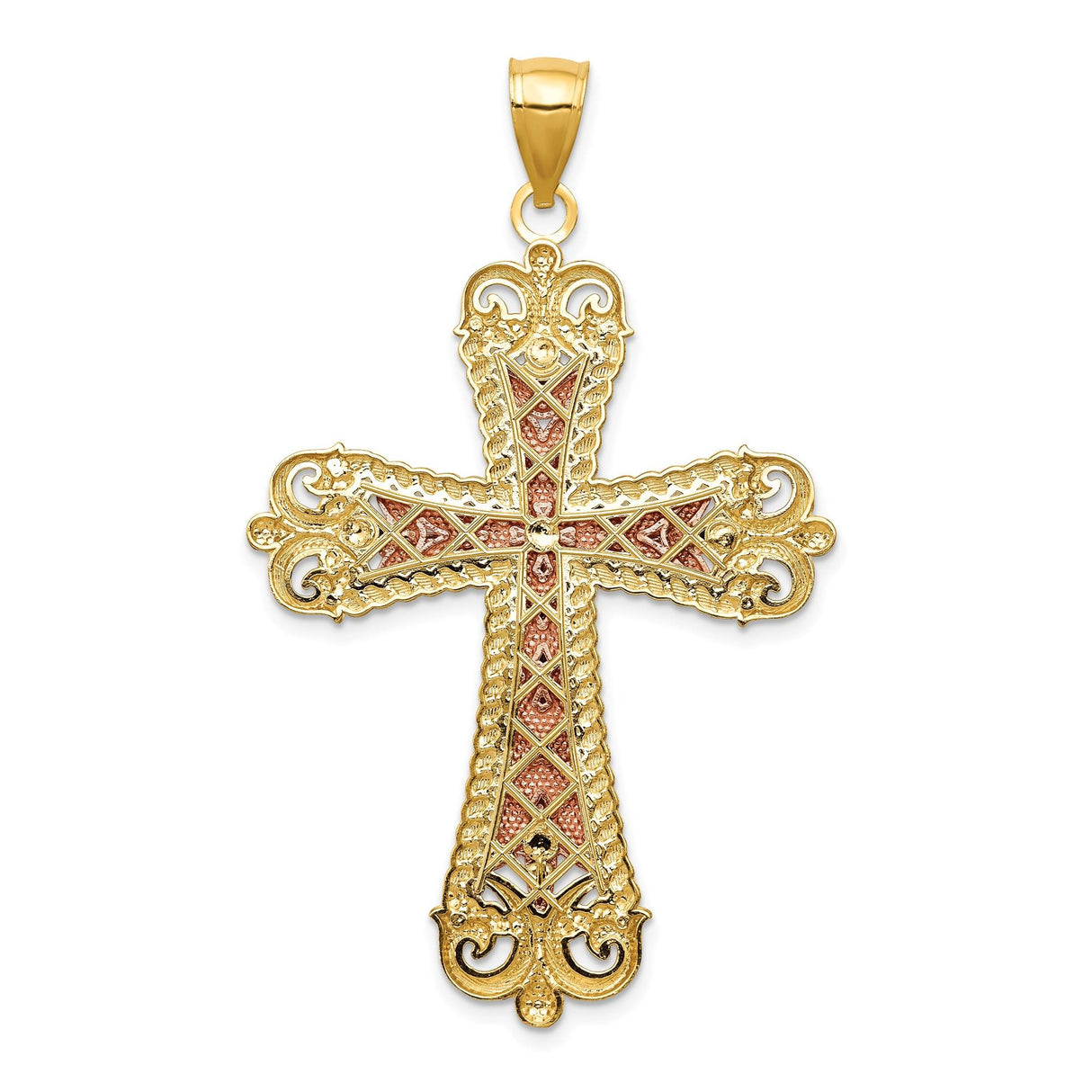 14k Multi-Tone Gold Crucifix Pendant with Textured Rope Border and Fleur de Lis Design