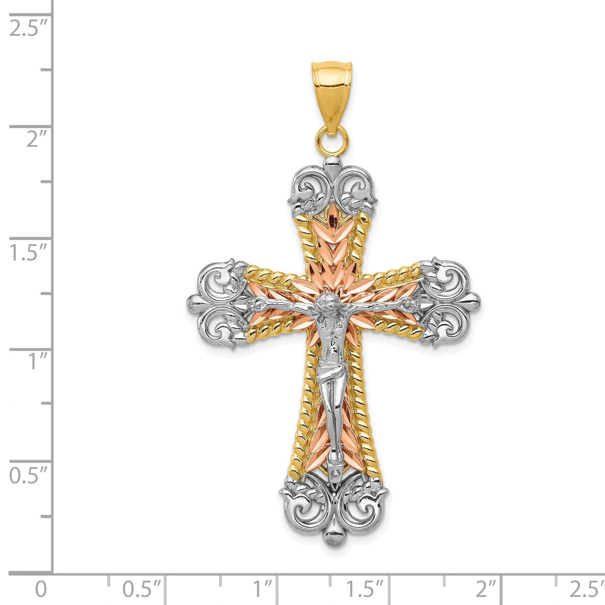 14k Multi-Tone Gold Crucifix Pendant with Textured Rope Border and Fleur de Lis Design