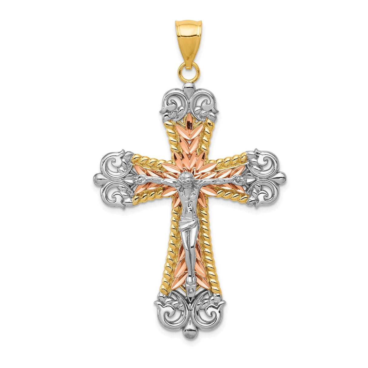 14k Multi-Tone Gold Crucifix Pendant with Textured Rope Border and Fleur de Lis Design