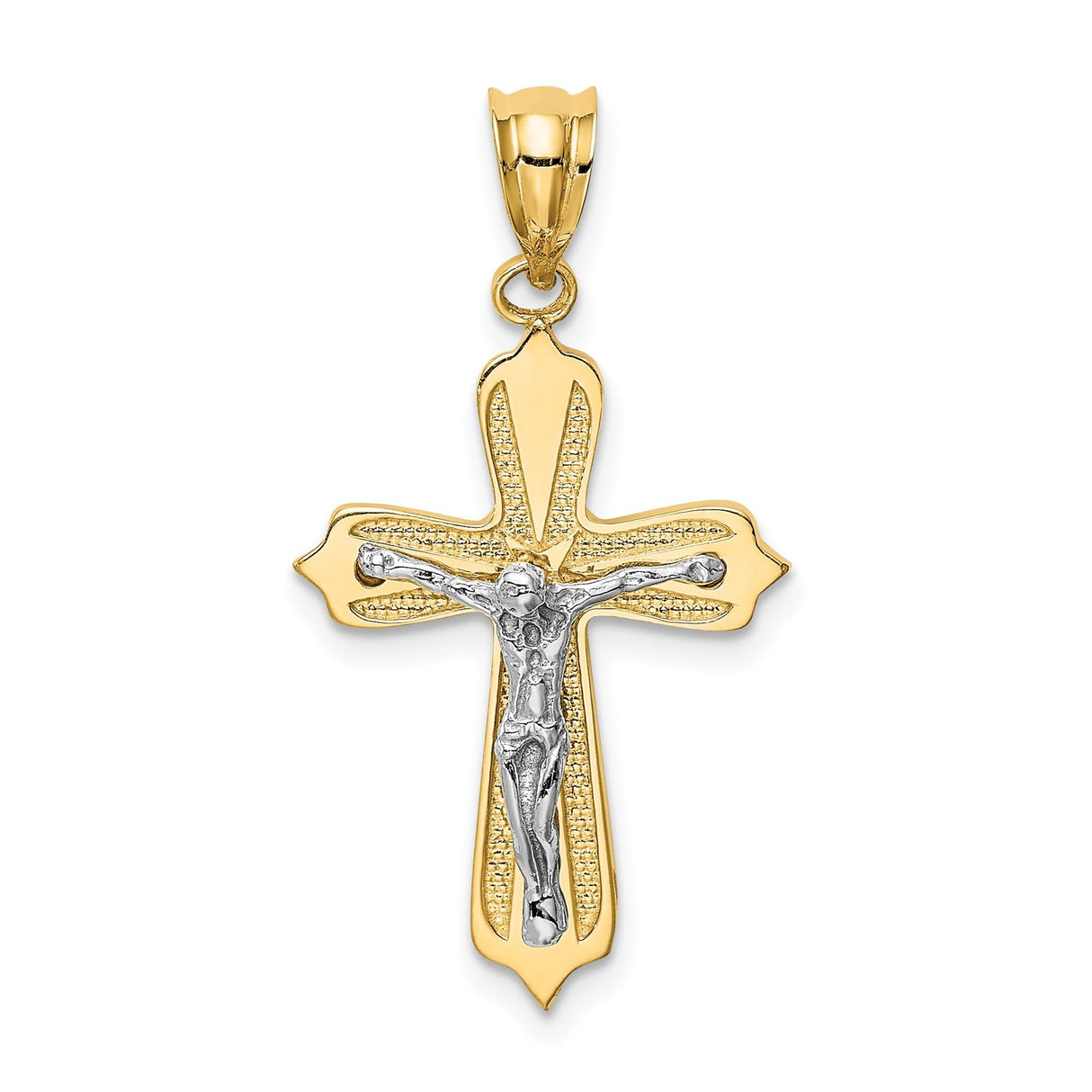 14k Multi-Tone Gold Crucifix Cross Pendant with Christ Figure, Textured Latin Style