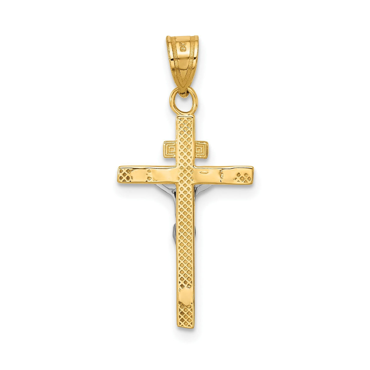 14k Two-Tone Gold Crucifix Pendant with Jesus Figure, INRI Latin Cross Religious Charm
