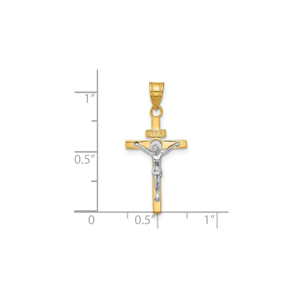 14k Two-Tone Gold Crucifix Pendant with Jesus Figure, INRI Latin Cross Religious Charm