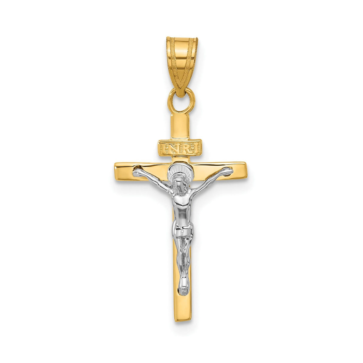 14k Two-Tone Gold Crucifix Pendant with Jesus Figure, INRI Latin Cross Religious Charm