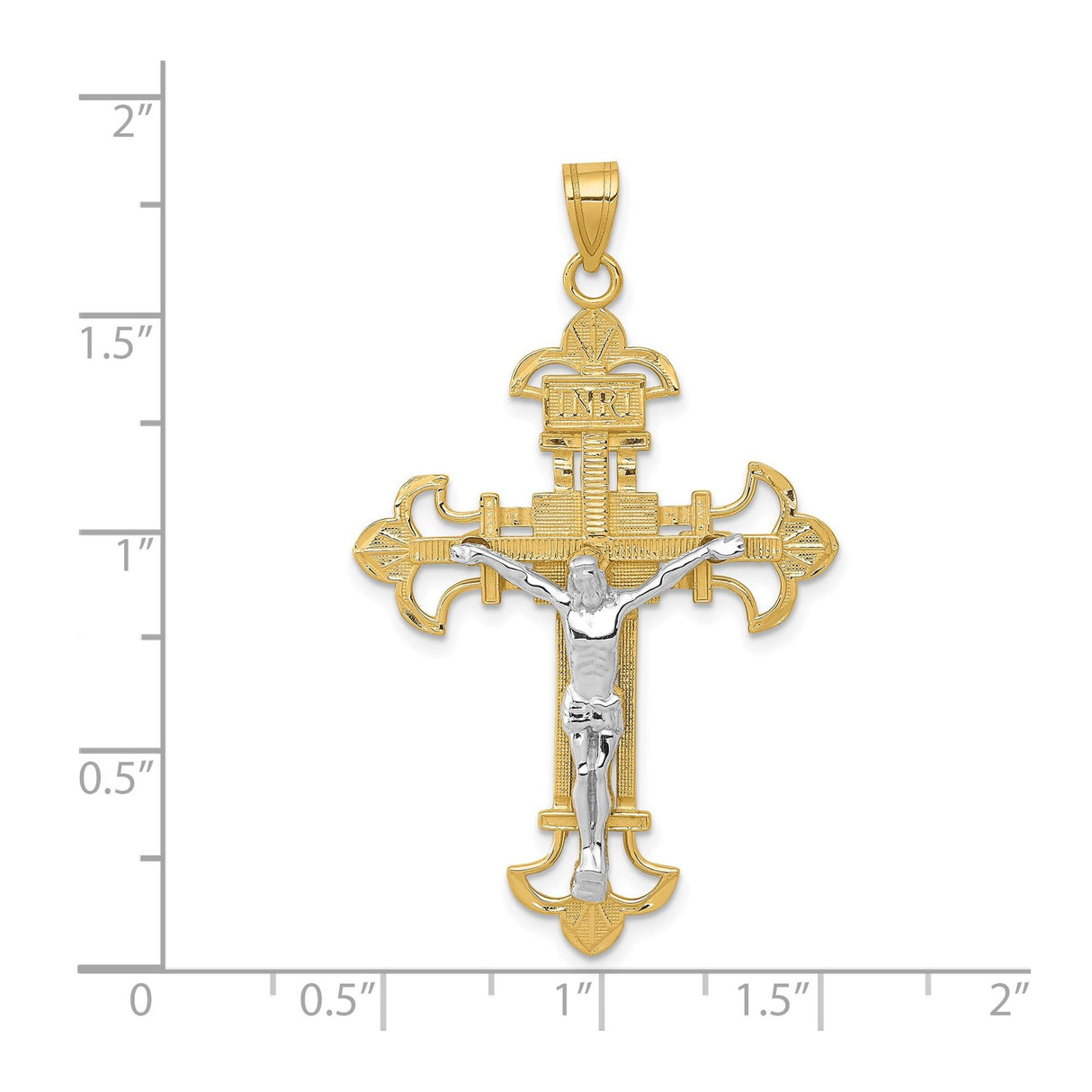 14k Multi-Tone Gold Crucifix Pendant with INRI and Fleur de Lis Jesus Cross Design