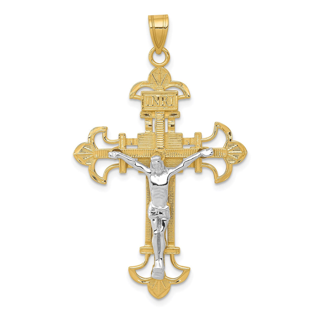 14k Multi-Tone Gold Crucifix Pendant with INRI and Fleur de Lis Jesus Cross Design
