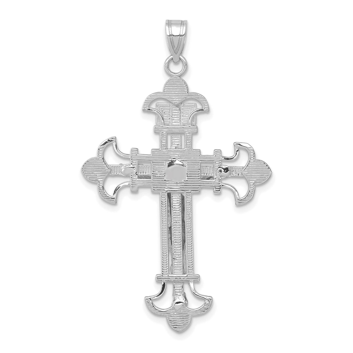 14k White Gold Crucifix Pendant with INRI and Fleur-de-Lis Design