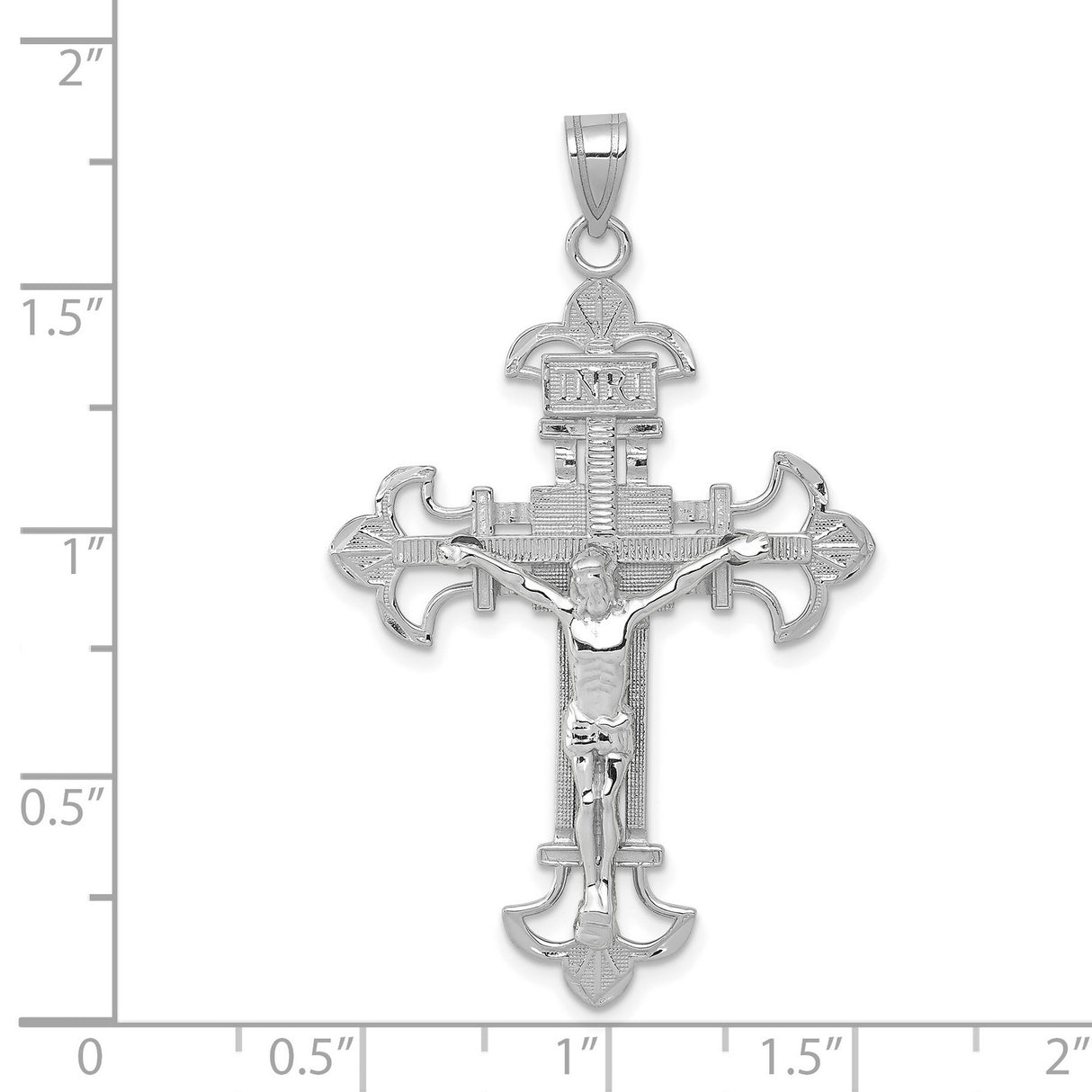 14k White Gold Crucifix Pendant with INRI and Fleur-de-Lis Design