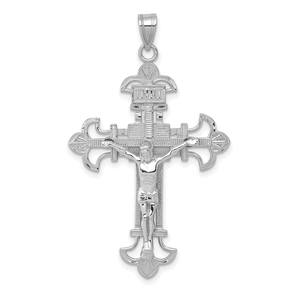 14k White Gold Crucifix Pendant with INRI and Fleur-de-Lis Design