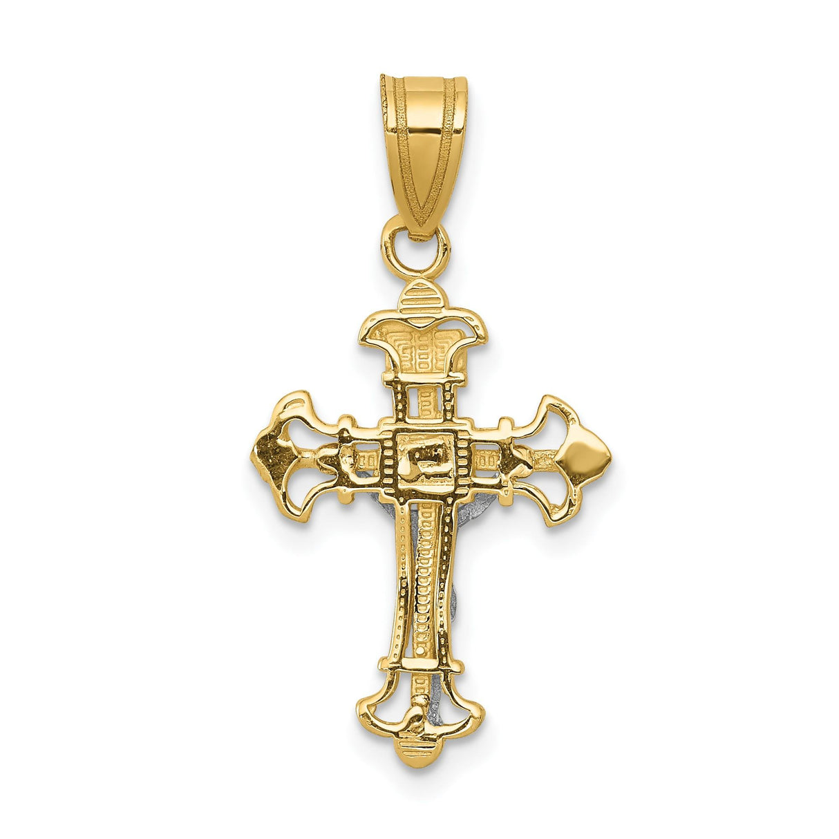 14k Multi-Tone Gold INRI Crucifix Pendant with Fleur de Lis and Baroque Design for Men and Women
