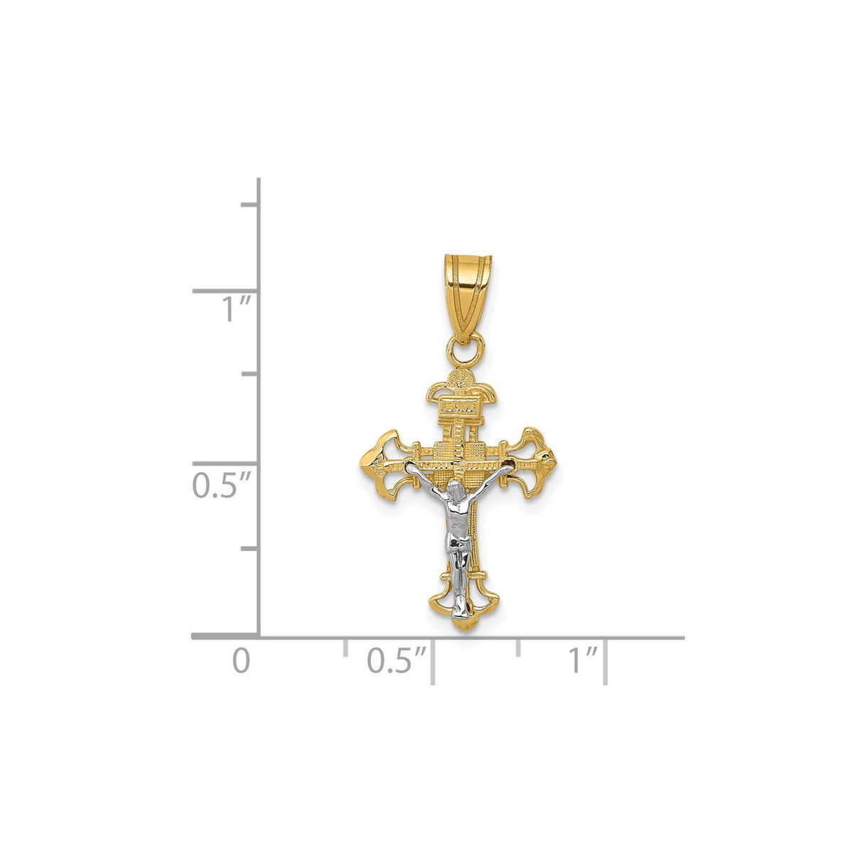 14k Multi-Tone Gold INRI Crucifix Pendant with Fleur de Lis and Baroque Design for Men and Women