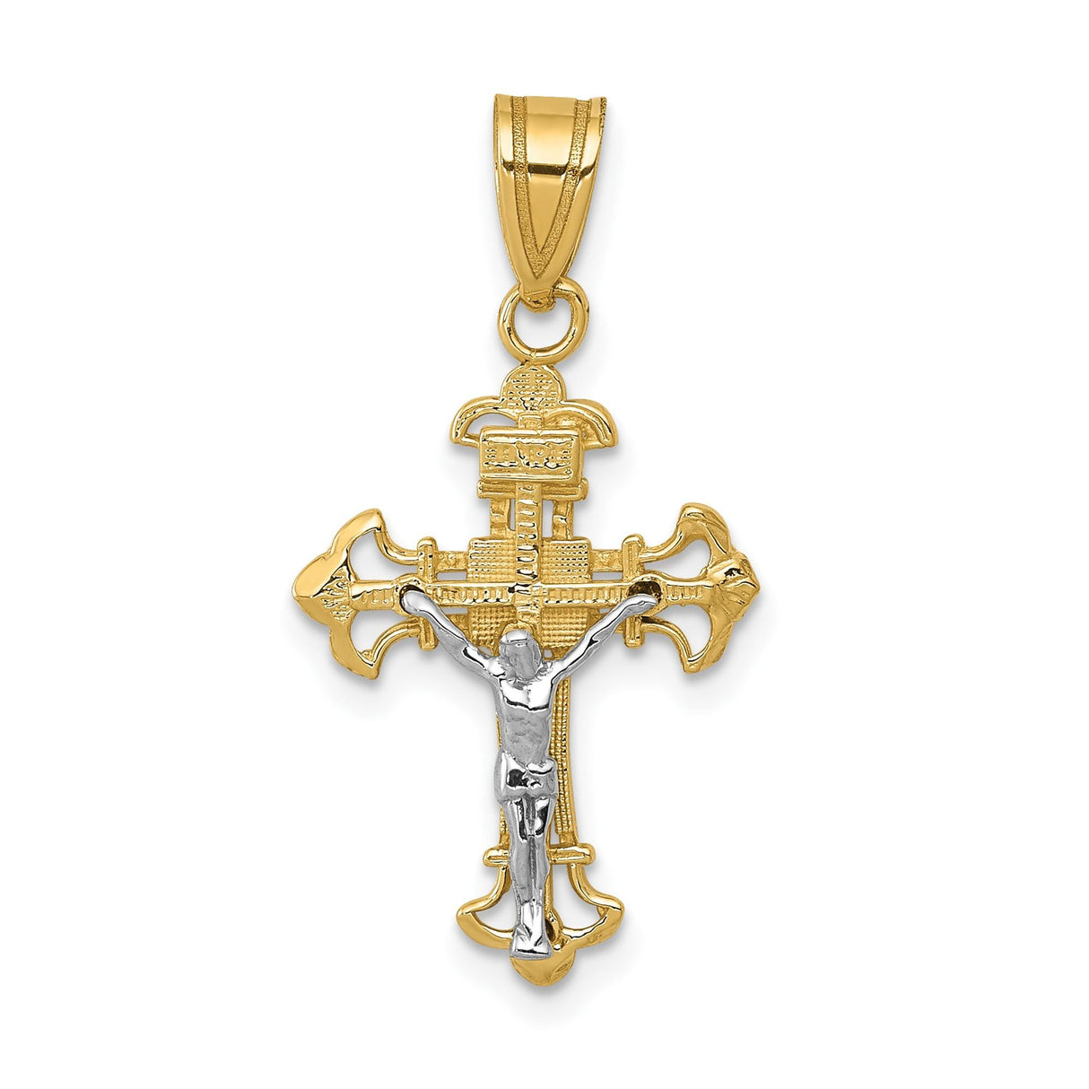 14k Multi-Tone Gold INRI Crucifix Pendant with Fleur de Lis and Baroque Design for Men and Women