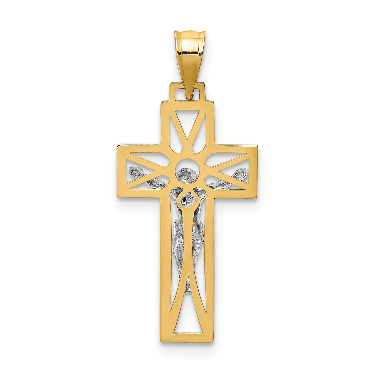 14k Two-Tone Gold Crucifix Pendant with Openwork Design, Catholic Religious Charm