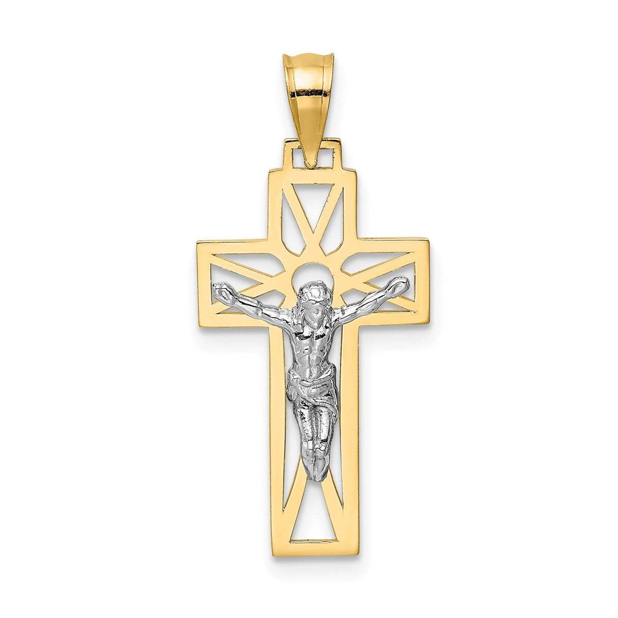 14k Two-Tone Gold Crucifix Pendant with Openwork Design, Catholic Religious Charm