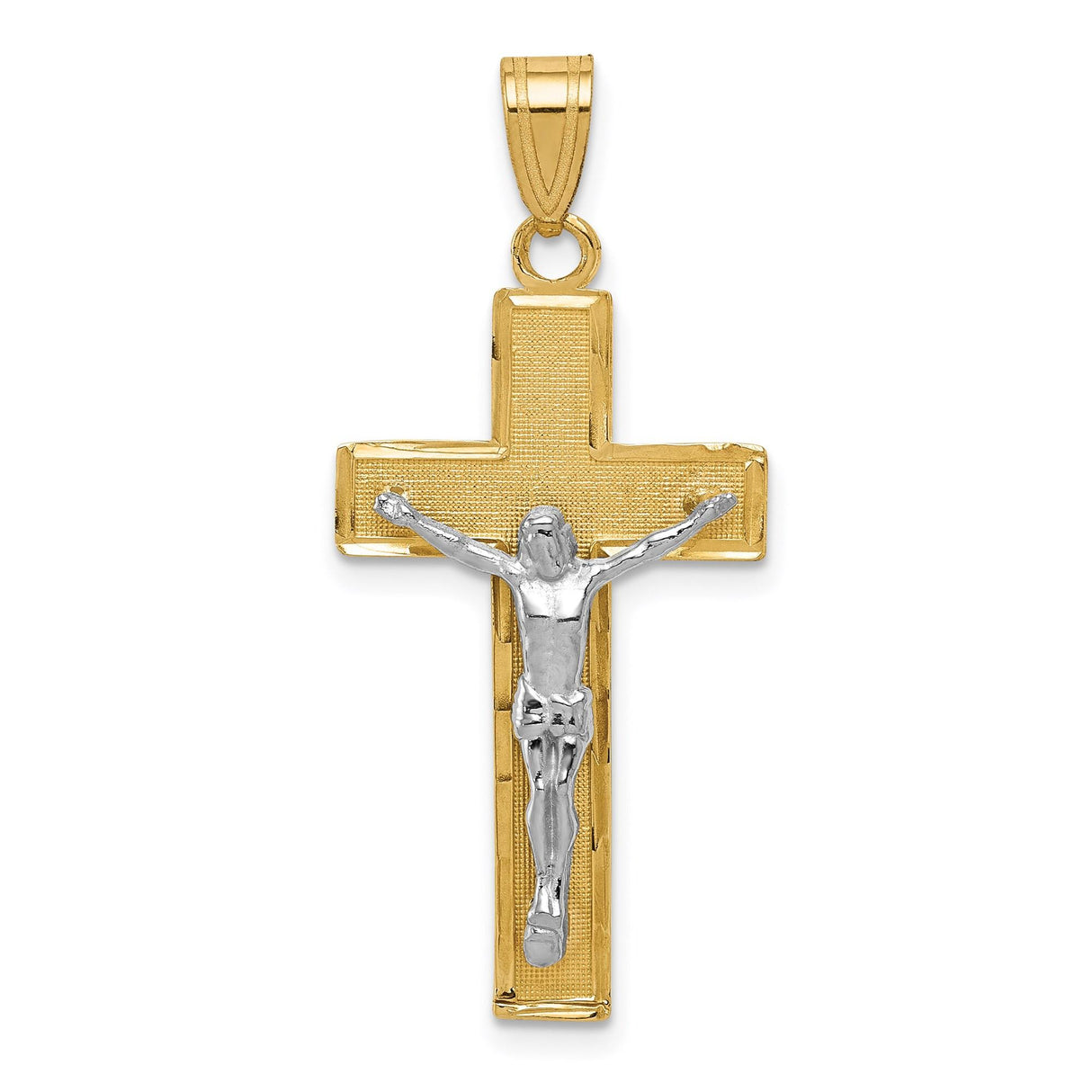 14k Two-Tone Gold Crucifix Cross Pendant, Textured and Satin Finished, Christian Religious Charm
